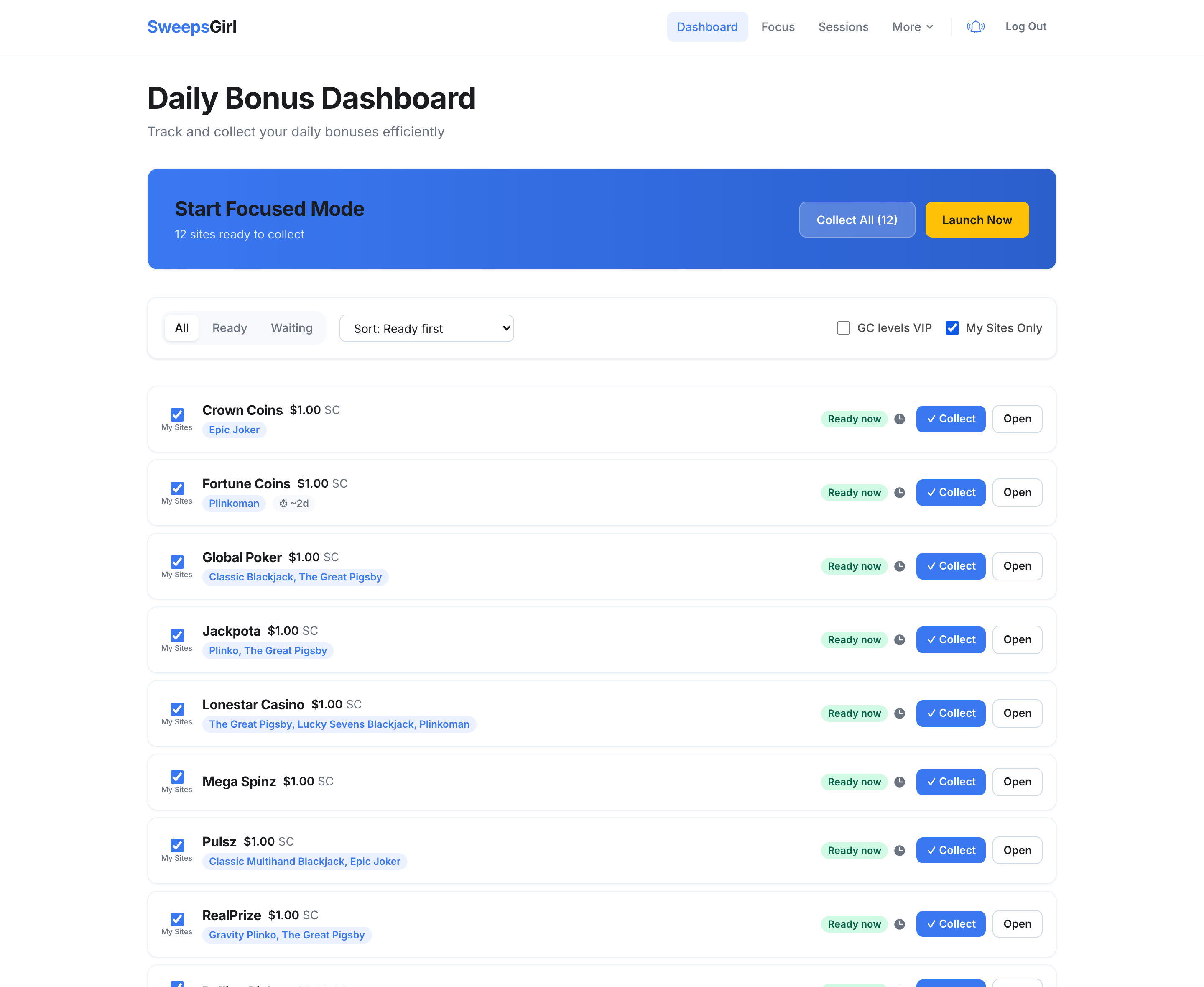 The SweepsGirl dashboard showing casino cards with countdown timers, bonus amounts, and Collect buttons