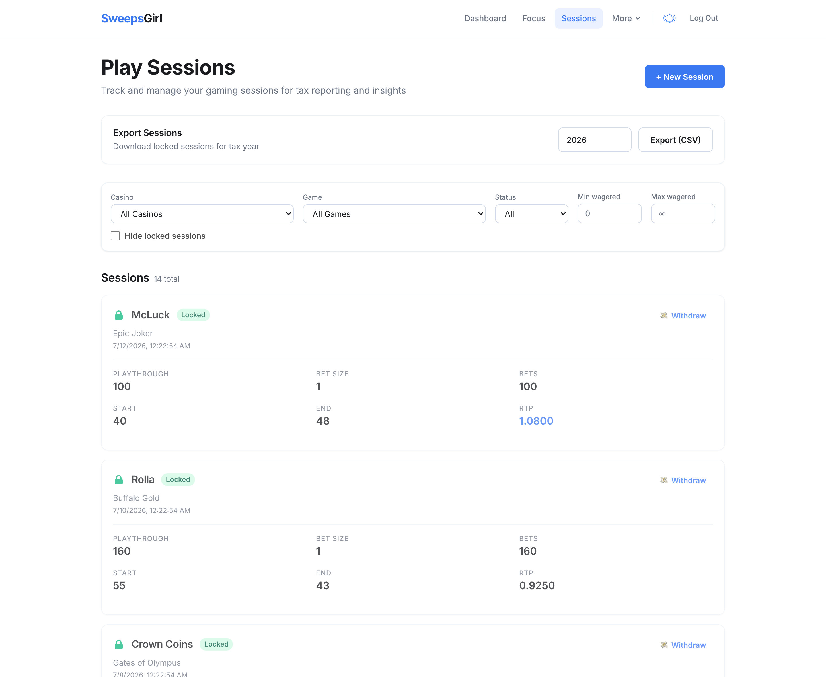 The Play Sessions page with logged sessions showing playthrough, bet size, and computed RTP, plus a CSV export panel