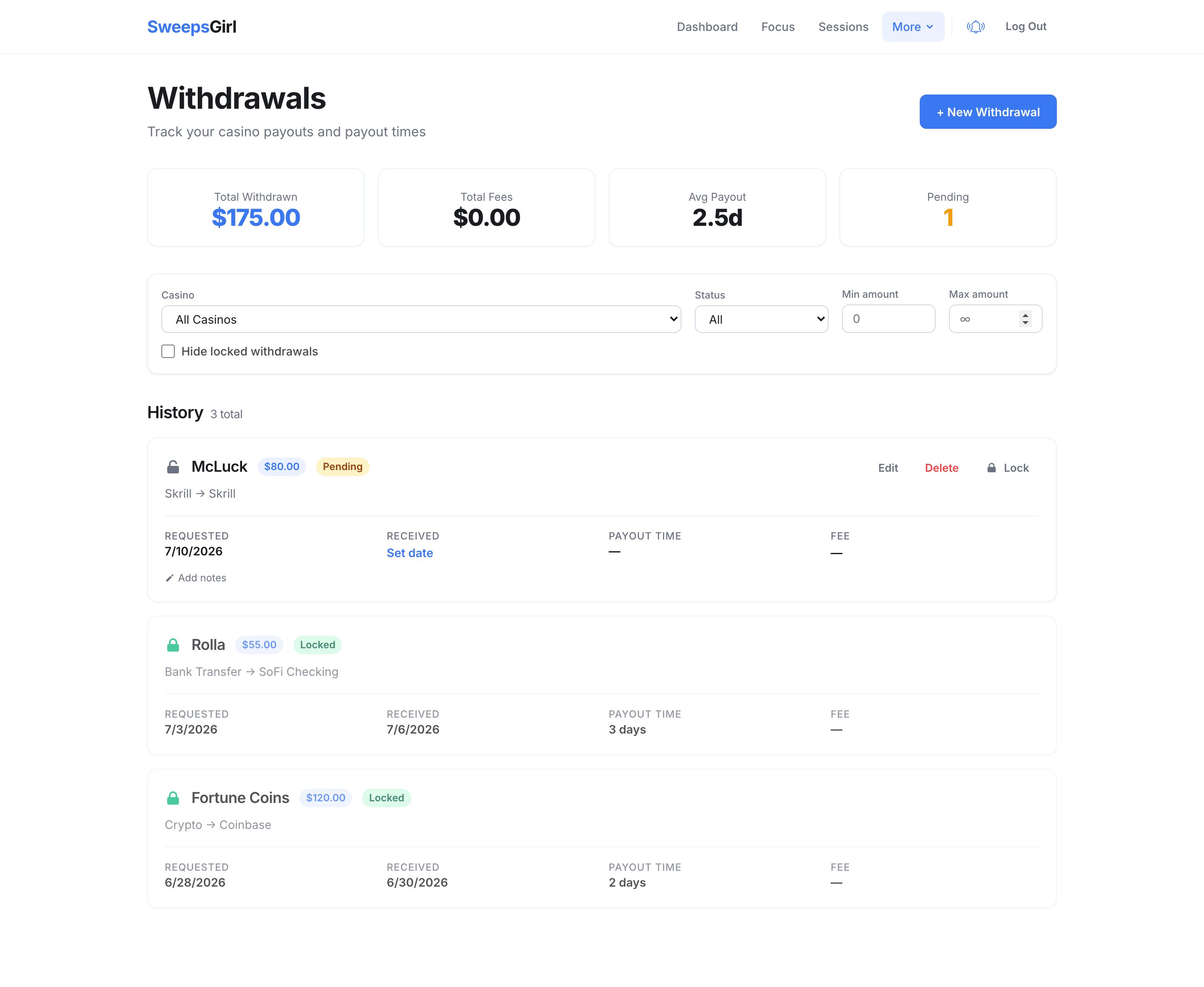 The Withdrawals page showing total withdrawn, average payout time, and a history of payouts with computed payout days